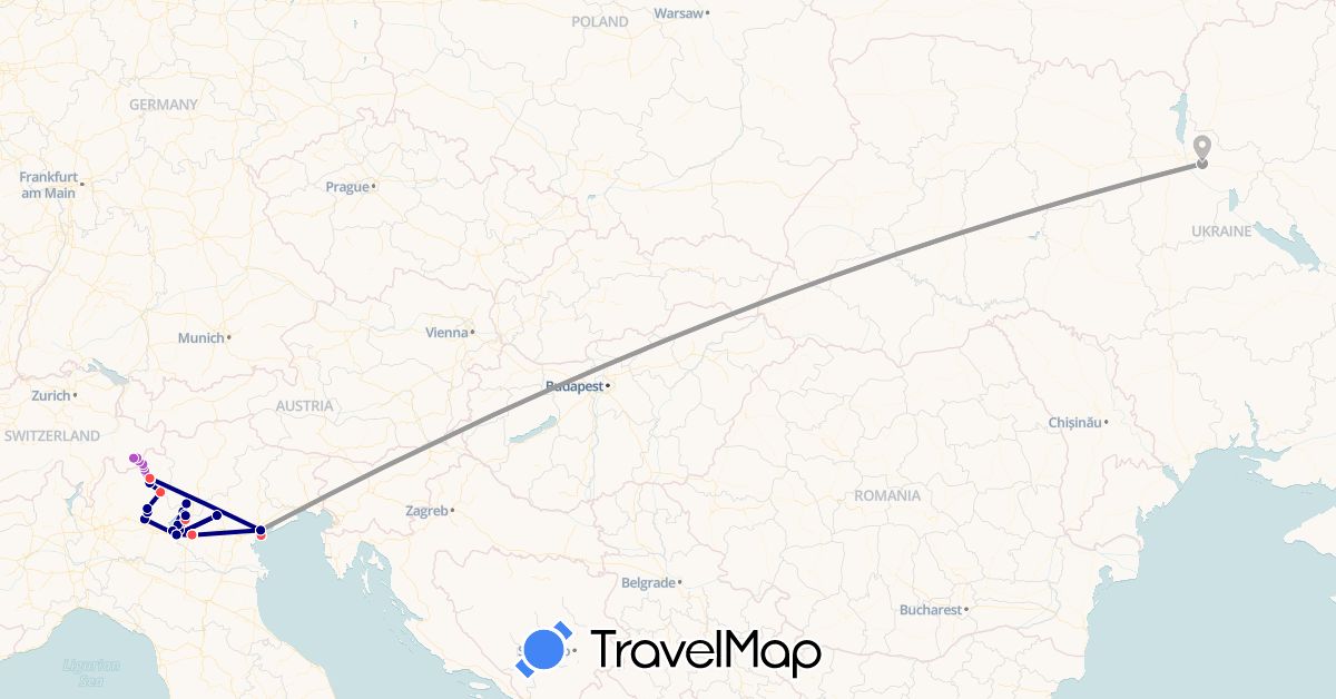 TravelMap itinerary: driving, plane, train, hiking, boat in Switzerland, Italy, Ukraine (Europe)