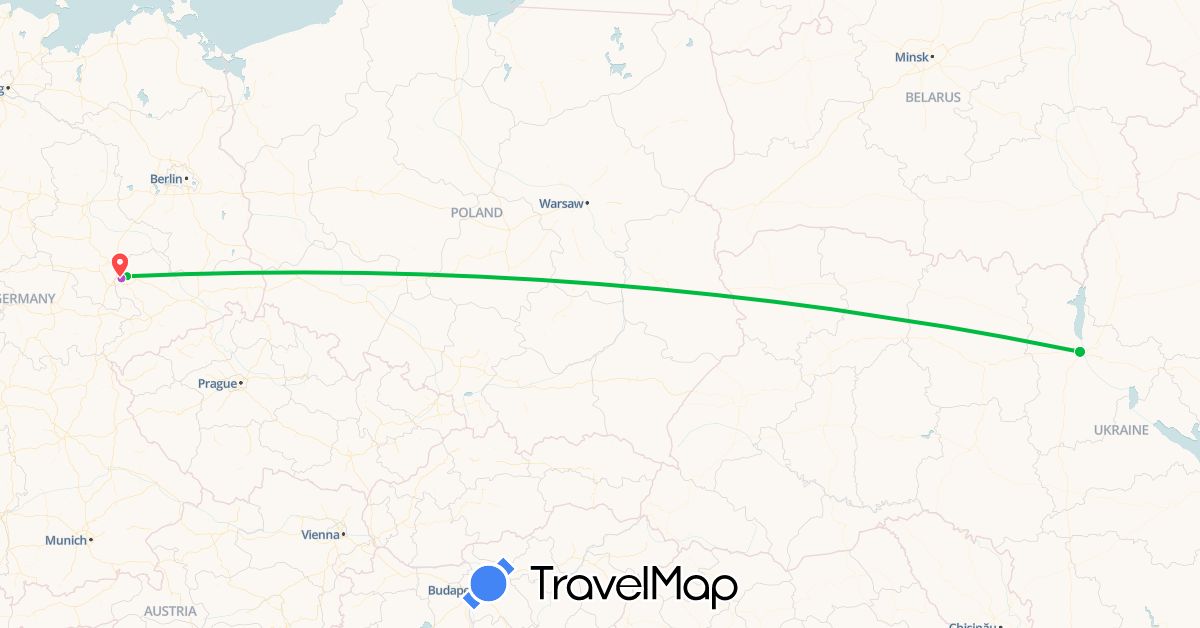 TravelMap itinerary: driving, bus, train, hiking in Germany, Ukraine (Europe)